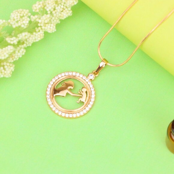 "Rose Gold Circle Pendant with Mother & Child Design and CZ Accents, XPPT1401 - Picture 3 of 13